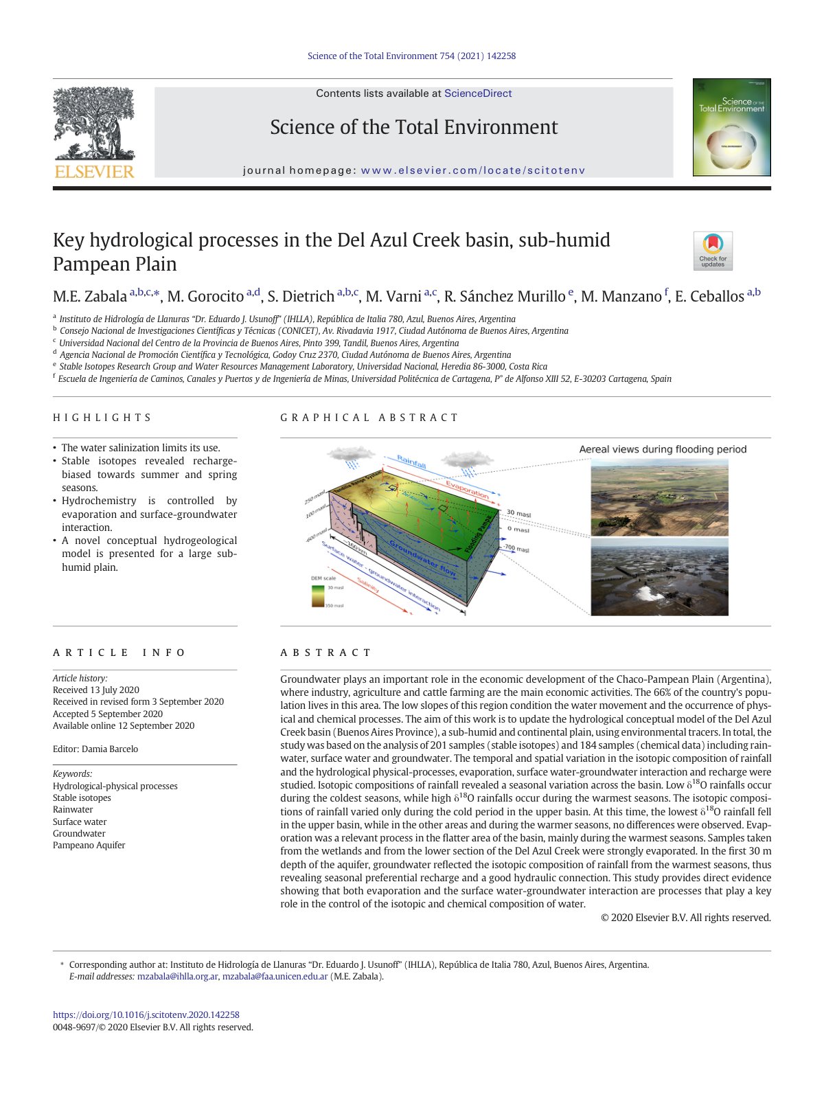 First page of Key hydrological processes in the Del Azul Creek basin, sub-humid Pampean Plain