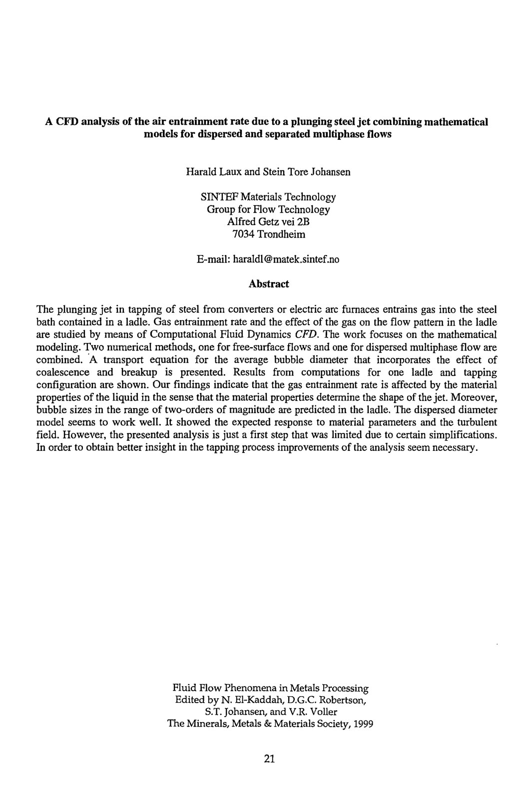 First page of A CFD analysis of the air entrainment rate due to a plunging steel jet combining mathematical models for dispersed and separated multiphase flows