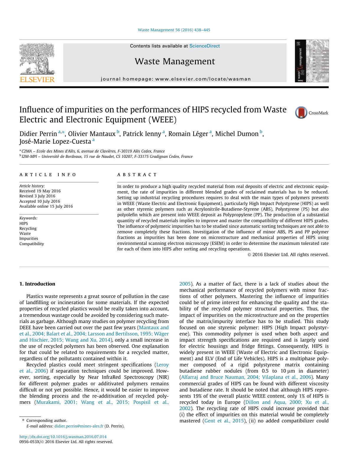 First page of Influence of impurities on the performances of HIPS recycled f 2016 Waste Ma