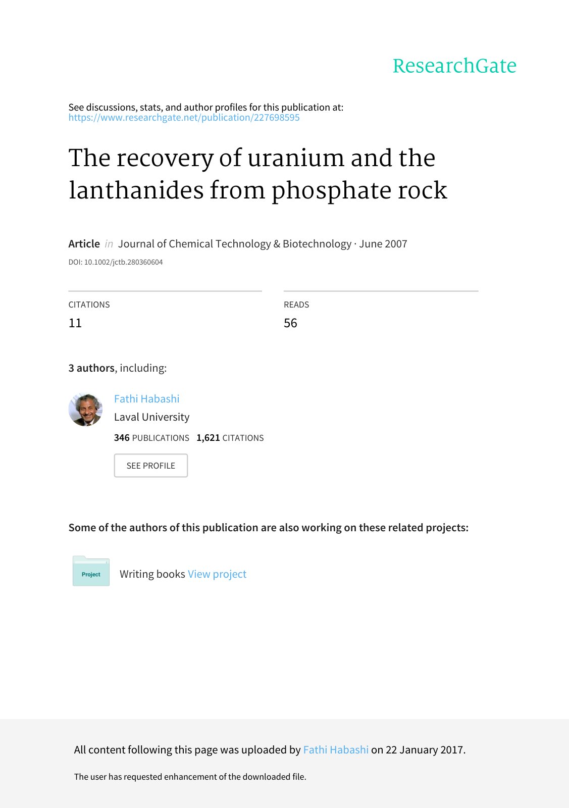 First page of The recovery of uranium and the lanthanides from phosphate rock