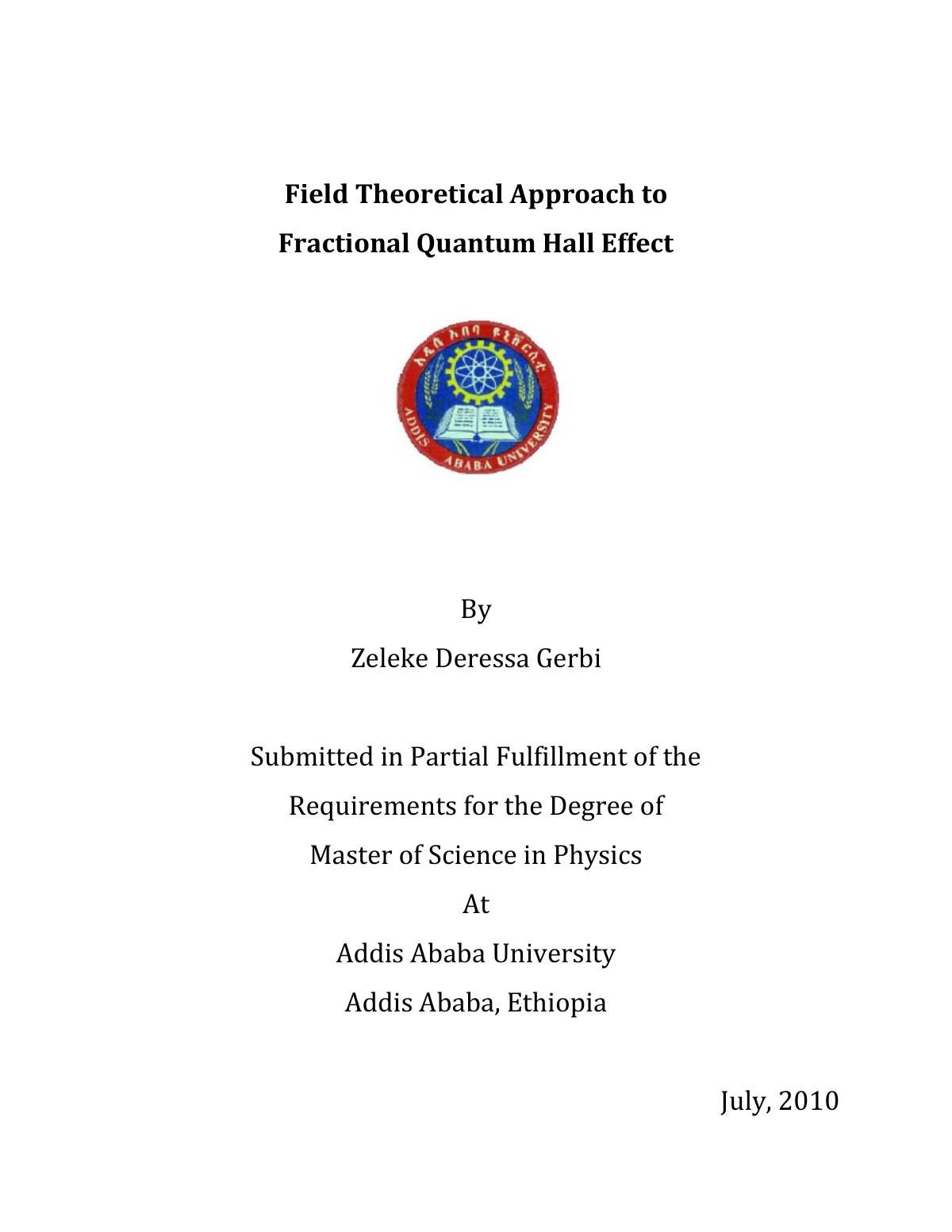 First page of Field Theoretical Approach to Fractional Quantum Hall Effect