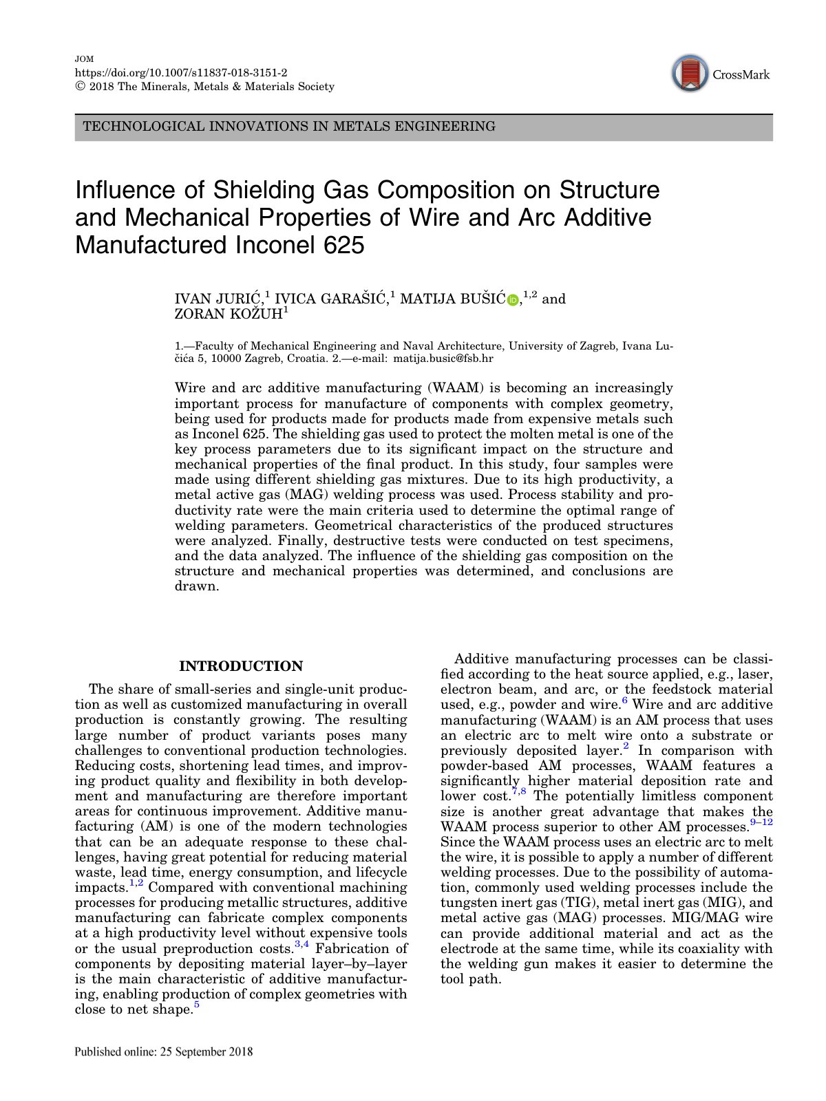 First page of Influence of Shielding Gas Composition on Structure and Mechanical Properties of Wire and Arc Additive Manufactured Inconel 625