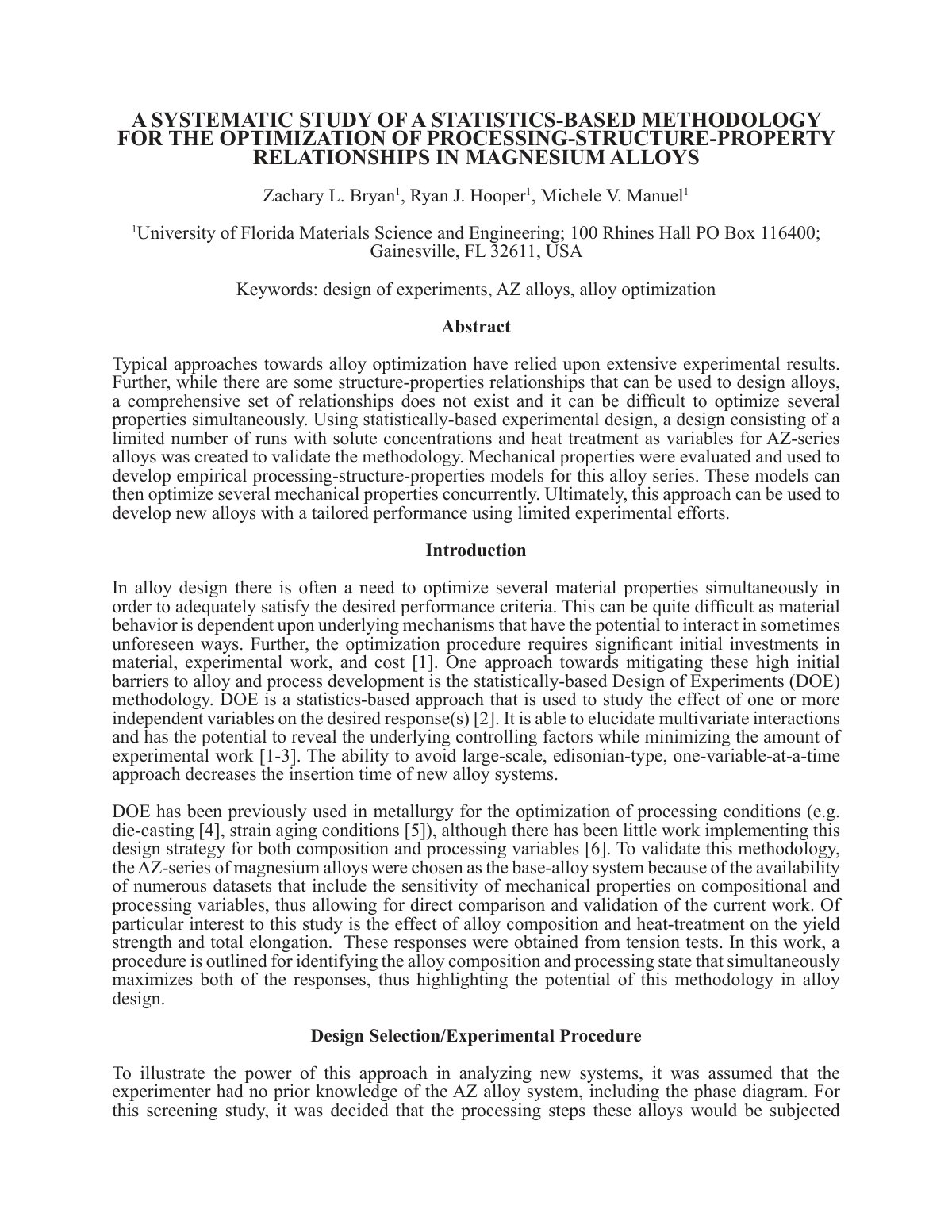 First page of A SYSTEMATIC STUDY OF A STATISTICS-BASED METHODOLOGY FOR THE OPTIMIZATION OF PROCESSING-STRUCTURE-PROPERTY RELATIONSHIPS IN MAGNESIUM ALLOYS