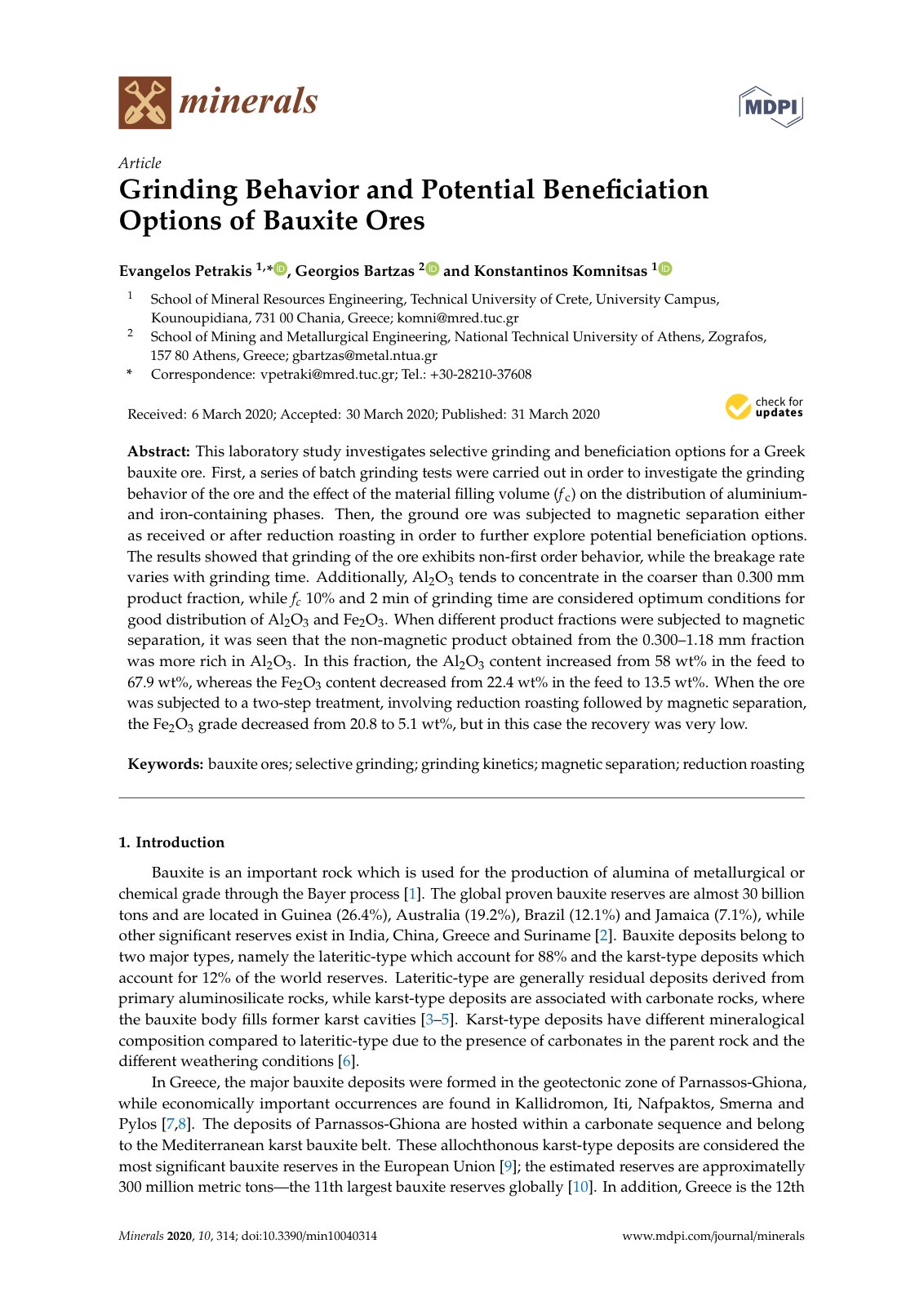 First page of Grinding Behavior and Potential Beneficiation Options of Bauxite Ores