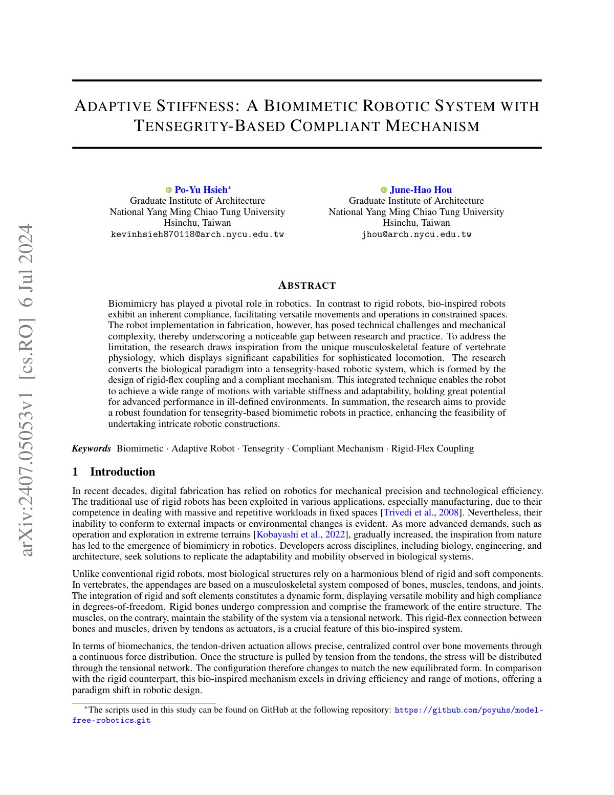 First page of Adaptive Stiffness: A Biomimetic Robotic System with Tensegrity-Based Compliant Mechanism
