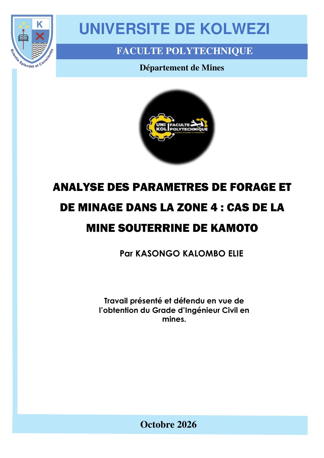 First page of MEMOIRE kasongo kalombo analyse de parametre de forage et de minage dans la zone 4