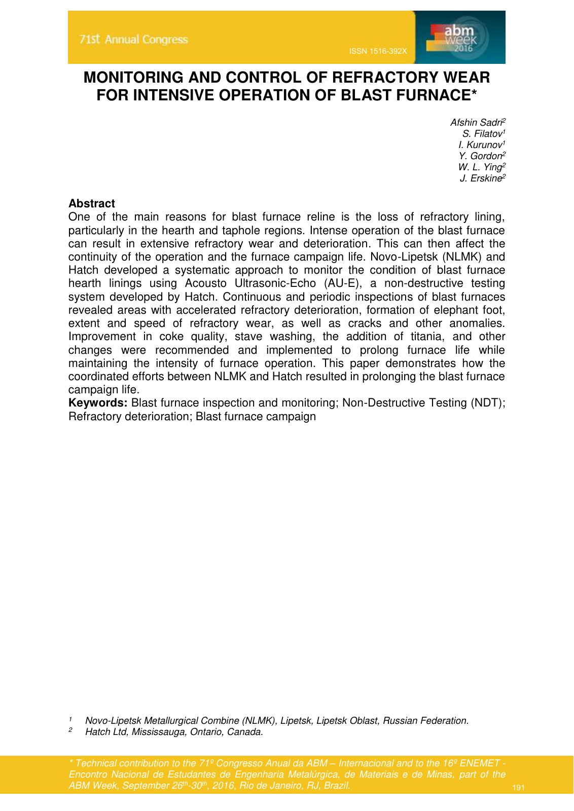 First page of monitoring and control of refractory wear for intensive operation of blast furnace
