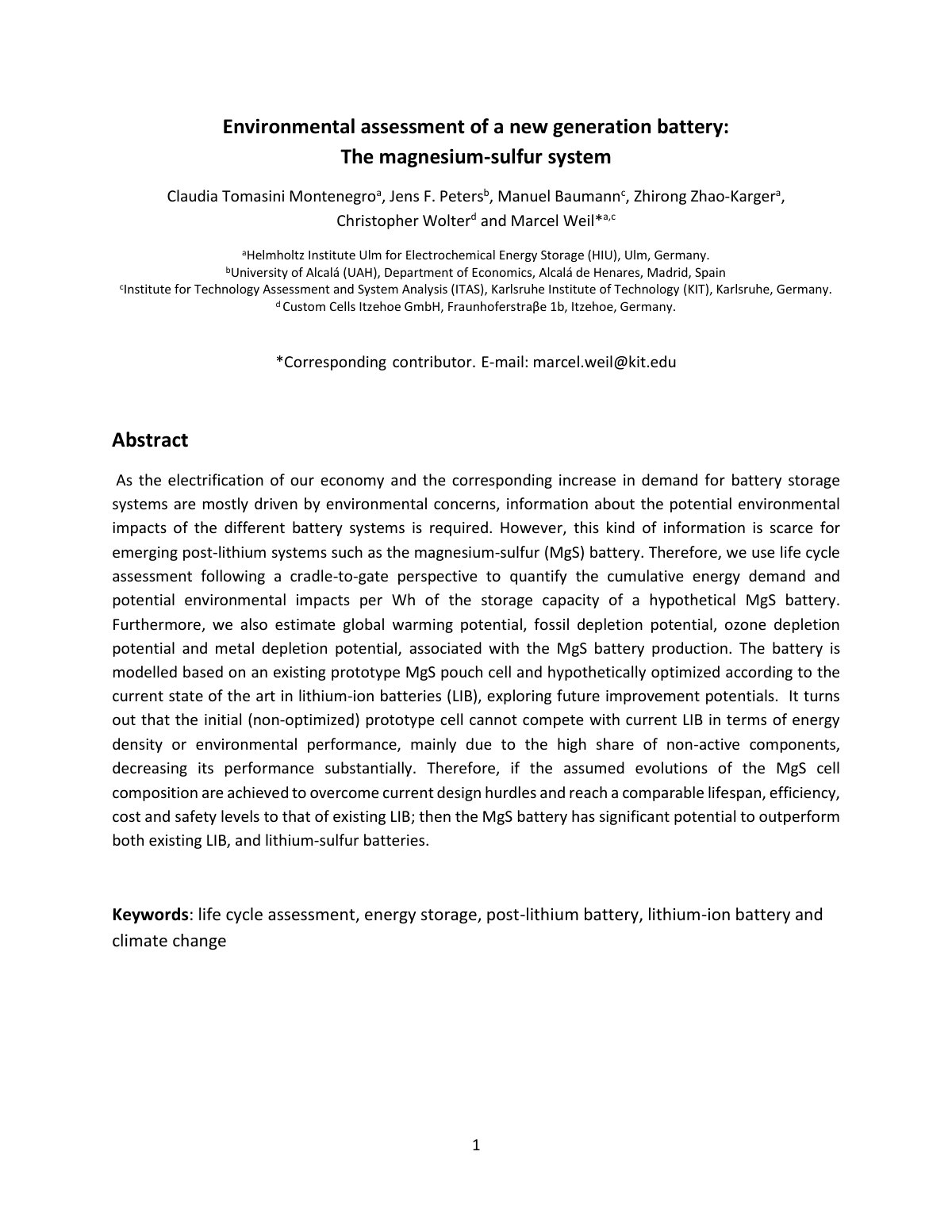 First page of Environmental assessment of a new generation battery: