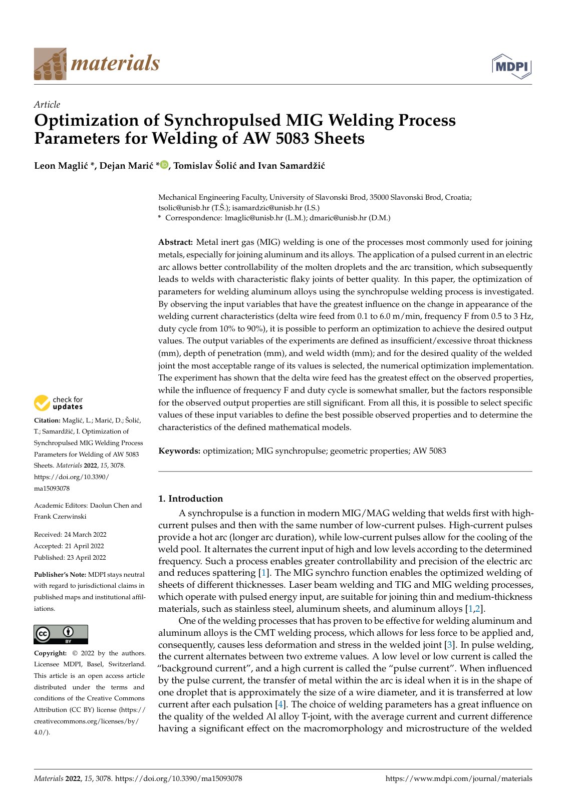 First page of Optimization of Synchropulsed MIG Welding Process Parameters for Welding of AW 5083 Sheets