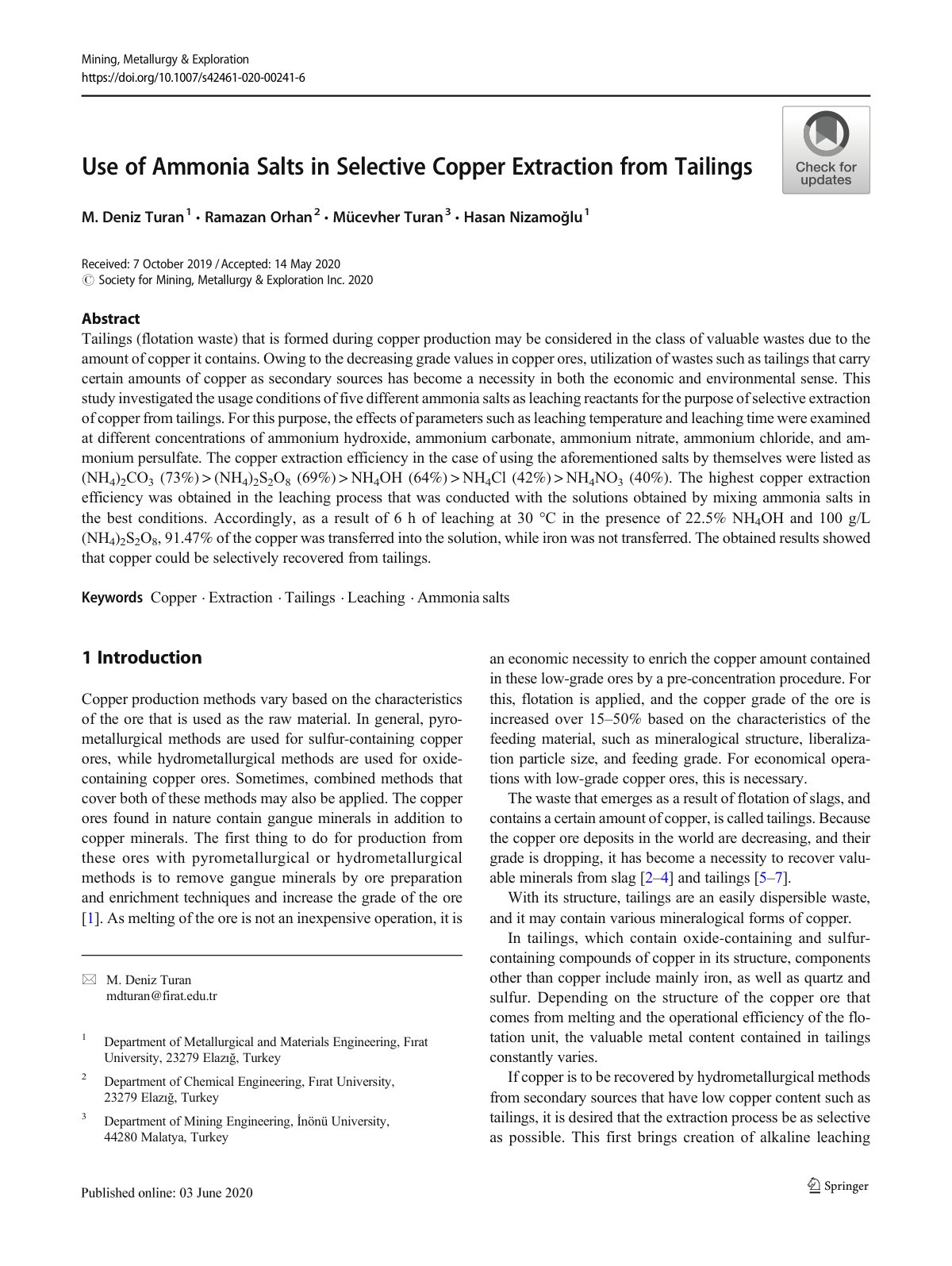 First page of Use of Ammonia Salts in Selective Copper