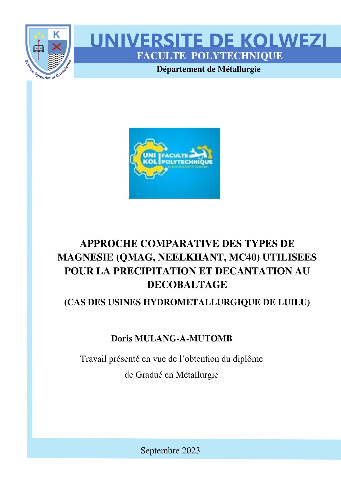 First page of APPROCHE COMPARATIVE DES TYPES DE MAGNESIE (QMAG, NEELKHANT, MC40) UTILISEES POUR LA PRECIPITATION ET DECANTATION AU DECOBALTAGE (CAS DES USINES HYDROMETALLURGIQUE DE LUILU)