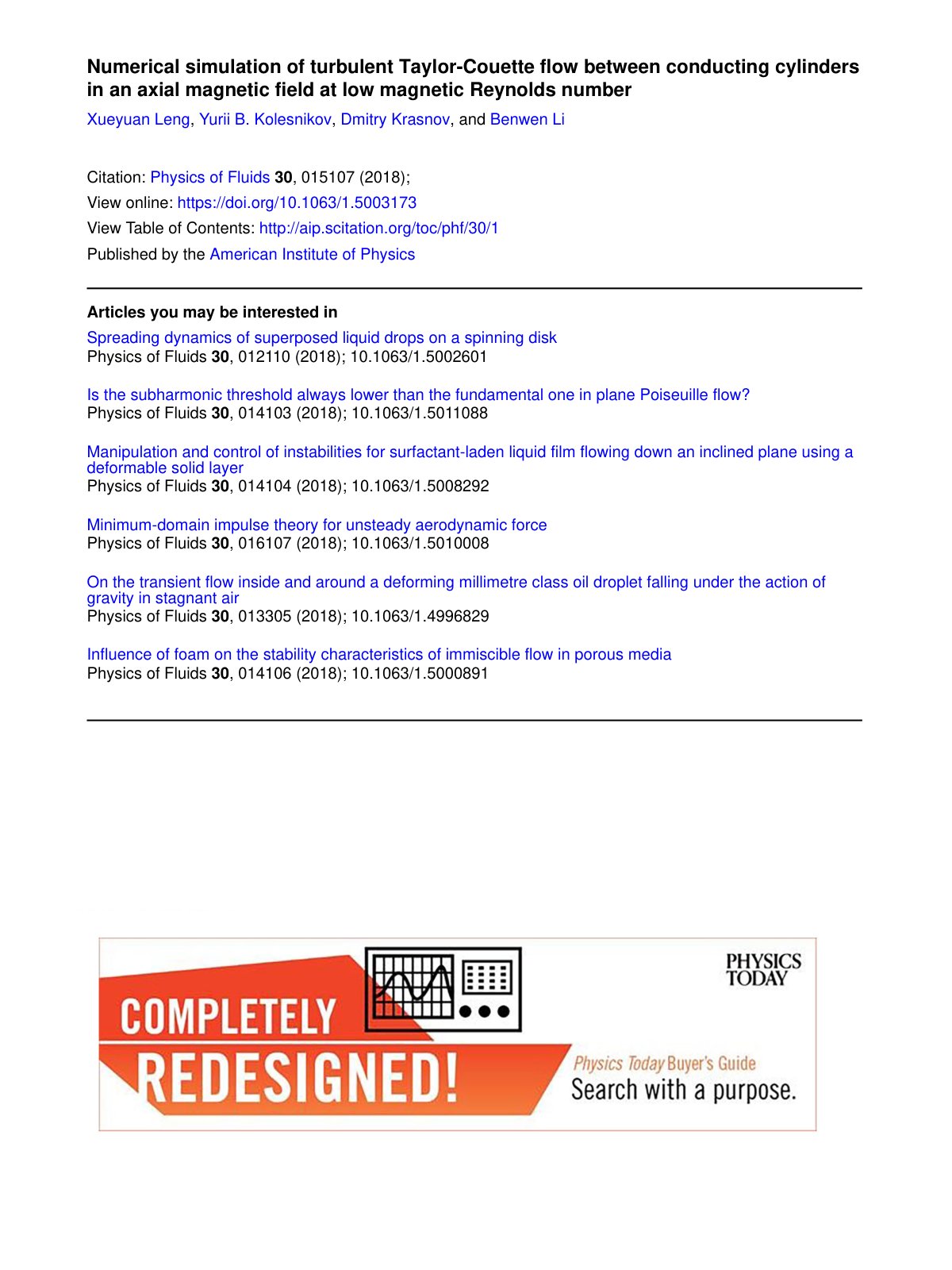 First page of Numerical simulation of turbulent Taylor