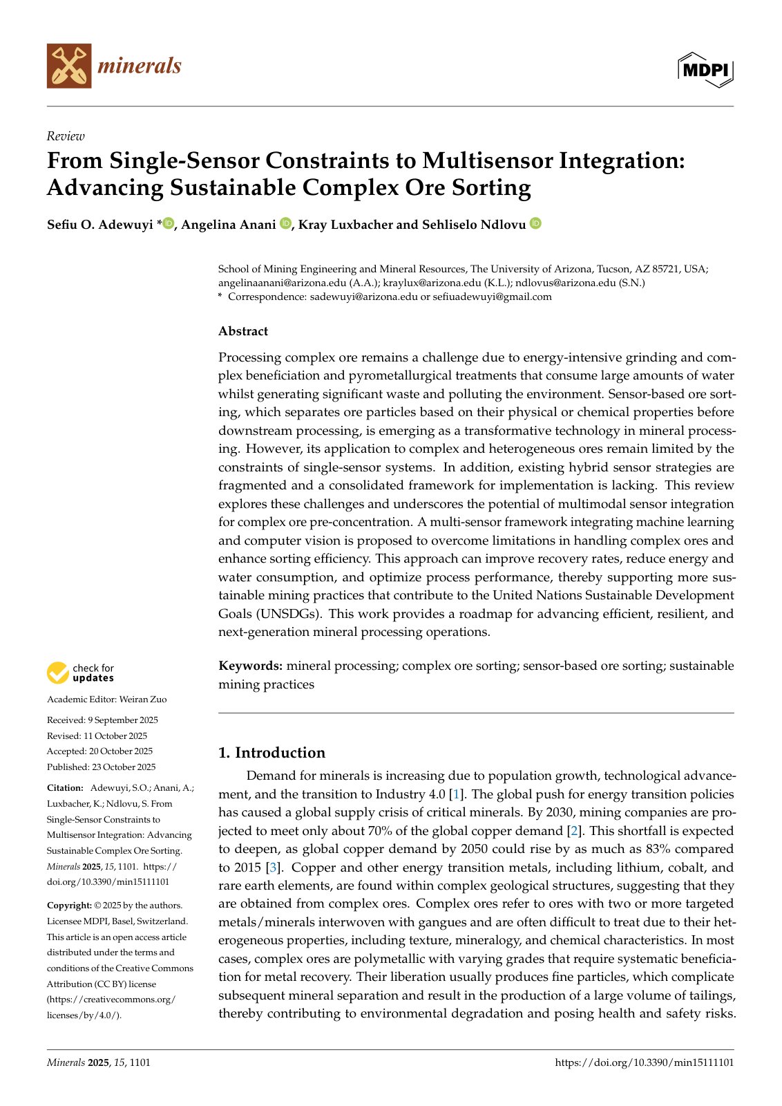 First page of From Single-Sensor Constraints to Multisensor Integration: Advancing Sustainable Complex Ore Sorting
