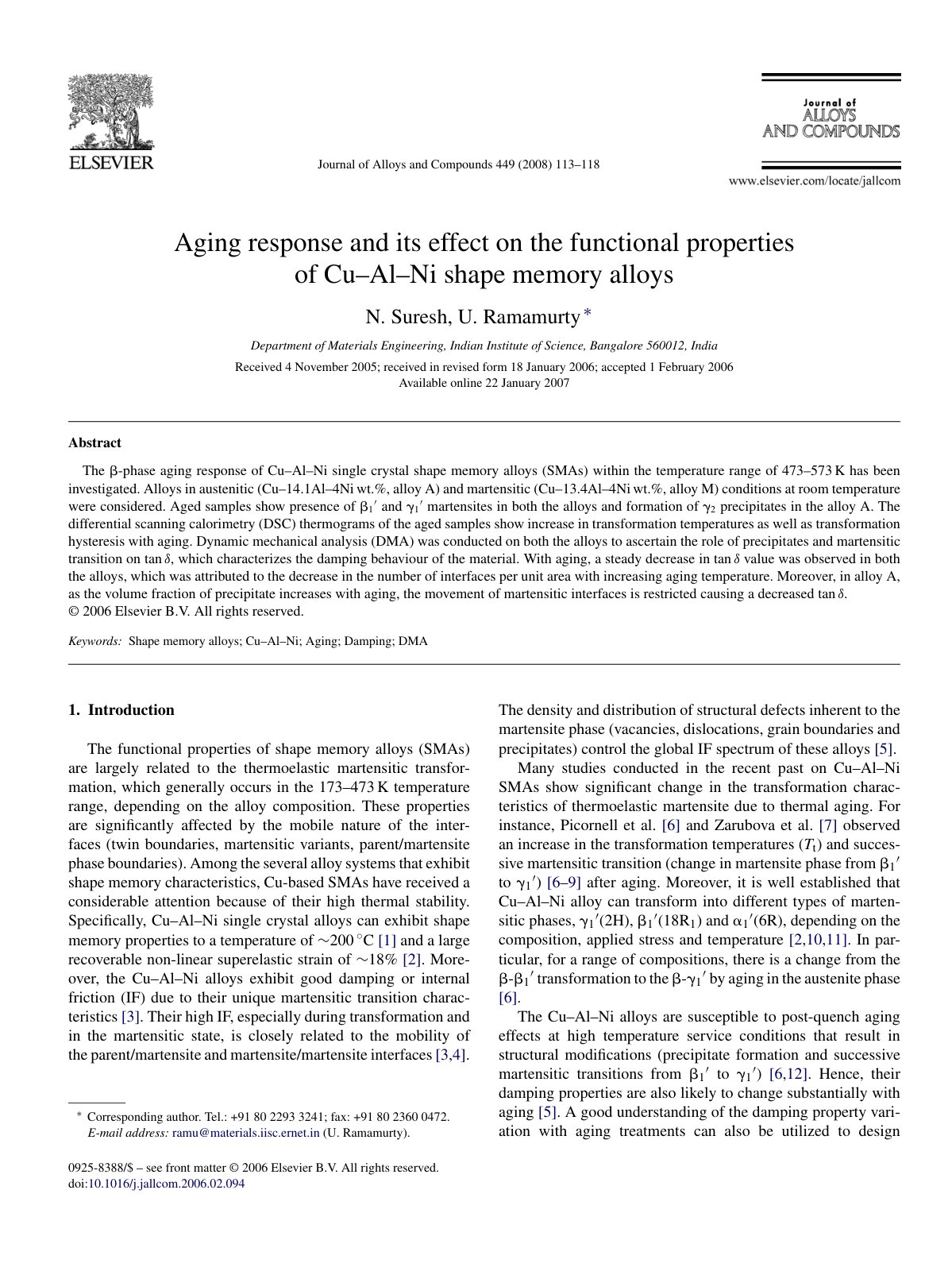 First page of Aging response and its effect on the functional properties of Cu–Al–Ni shape memory alloys
