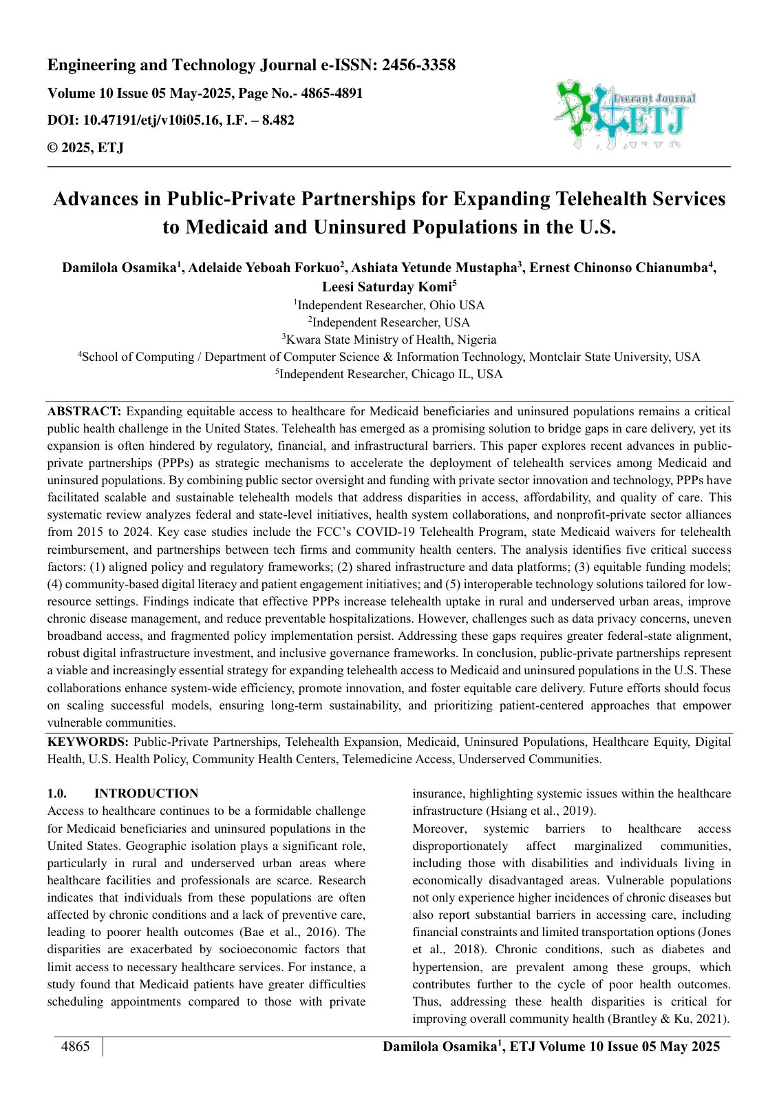 First page of Advances in Public-Private Partnerships for Expanding Telehealth Services  to Medicaid and Uninsured Populations in the U.S.  