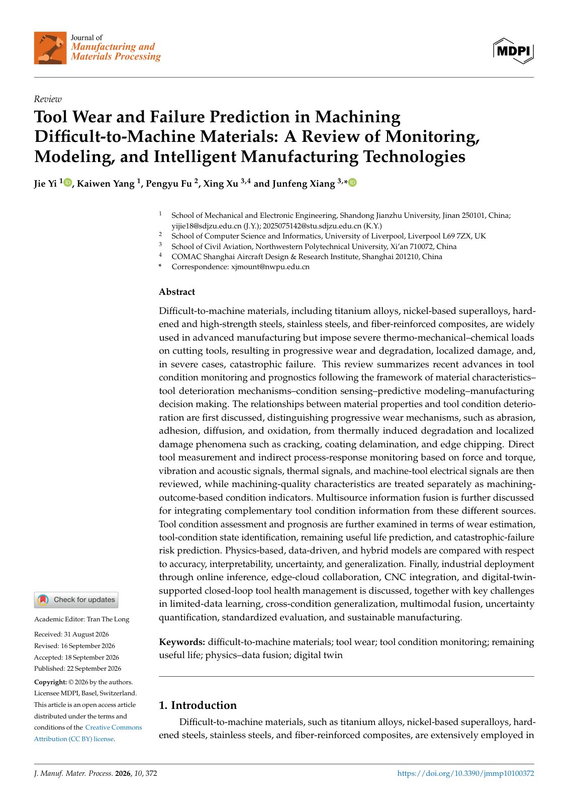 First page of Tool Wear and Failure Prediction in Machining Difficult-to-Machine Materials: A Review of Monitoring, Modeling, and Intelligent Manufacturing Technologies