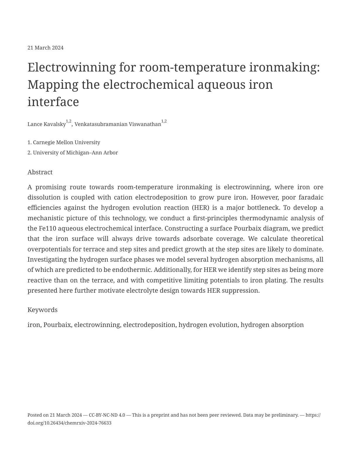 First page of Electrowinning for room-temperature ironmaking: Mapping the electrochemical aqueous iron interface