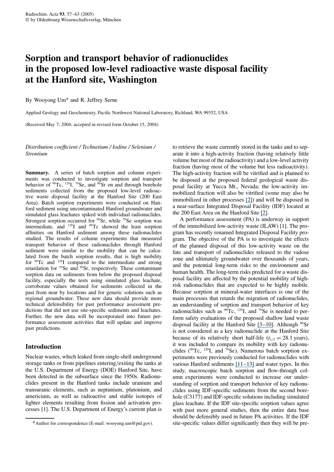 First page of Sorption and transport behavior of radionuclides in the proposed low-level radioactive waste disposal facility at the Hanford site, Washington