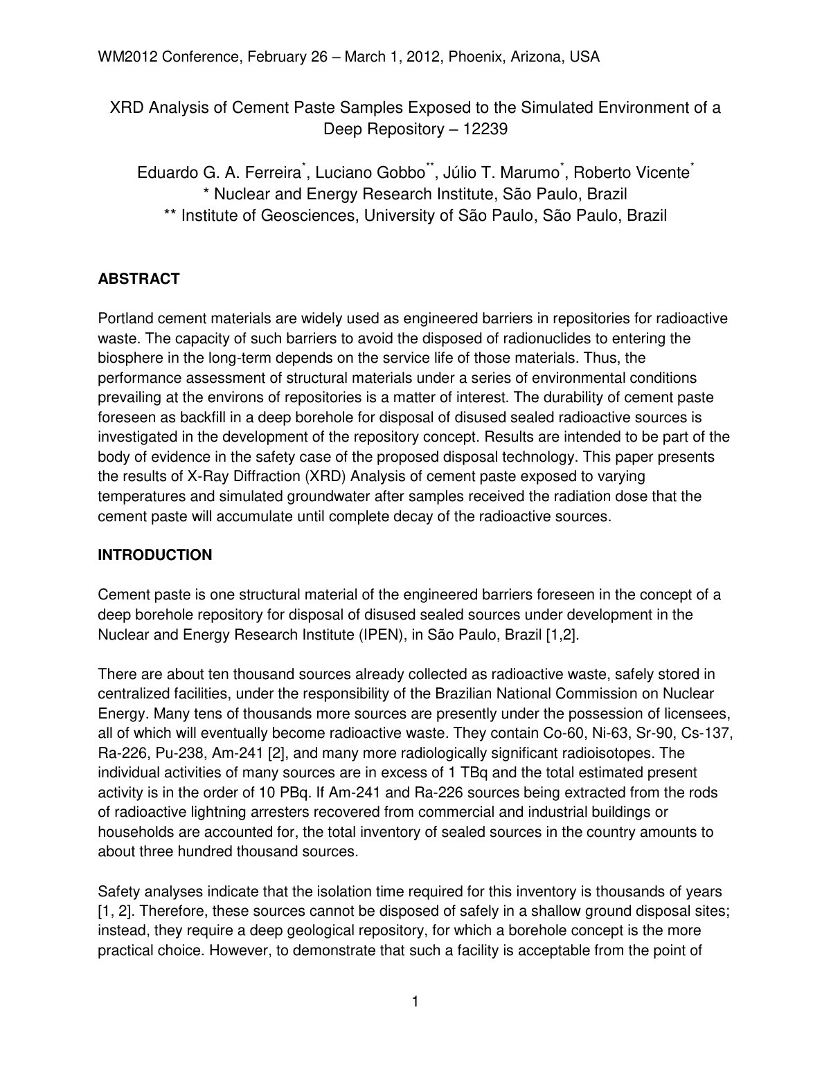 First page of XRD Analysis of Cement Paste Samples Exposed to the Simulated Environment of a Deep Repository