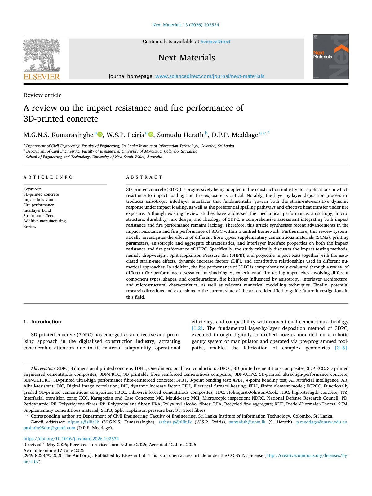 First page of A review on the impact resistance and fire performance of 3D 2026 Next Mater