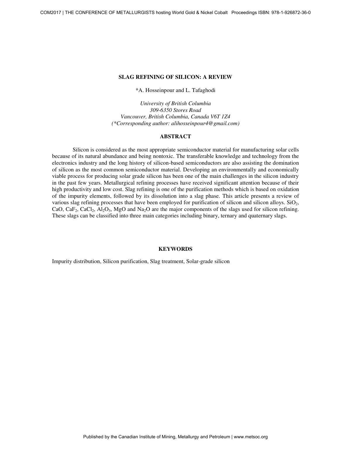 First page of SLAG REFINING OF SILICON: A REVIEW