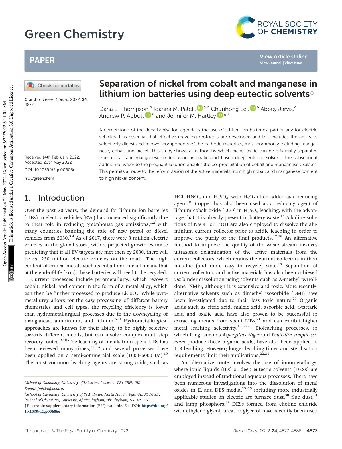 First page of Separation of nickel from cobalt and man