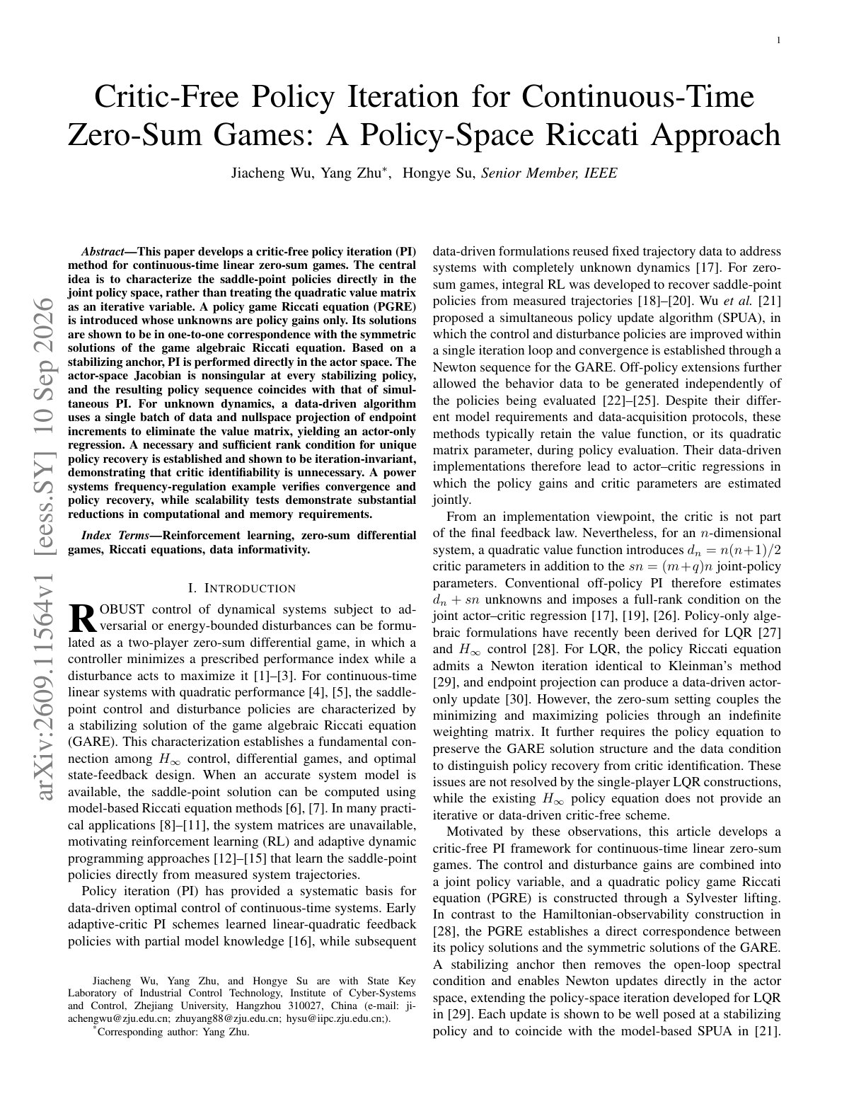 First page of 2026 Wu Critic Free Policy Iteration Power Frequency