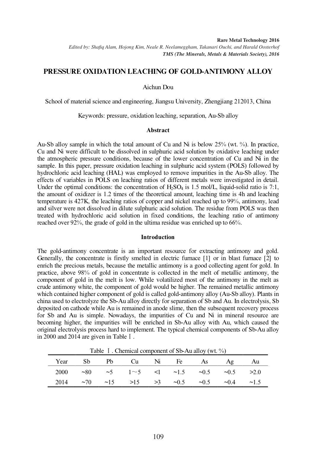 First page of PRESSURE OXIDATION LEACHING OF GOLD-ANTIMONY ALLOY