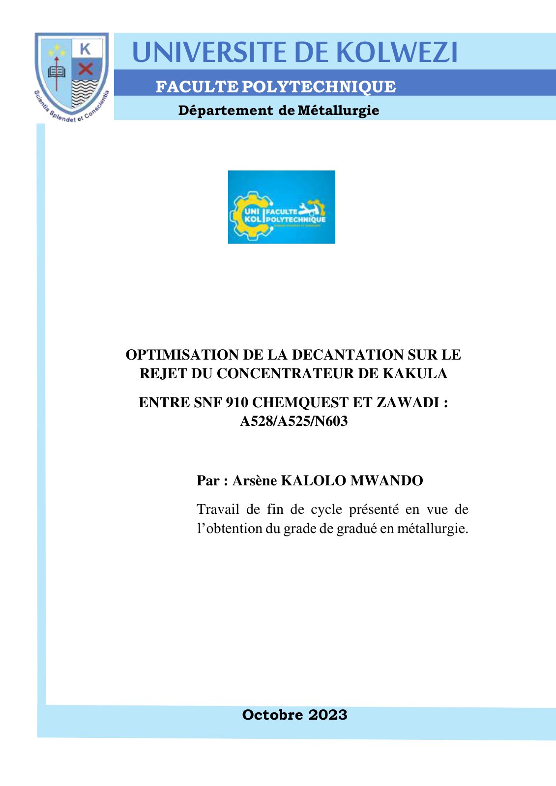 First page of OPTIMISATION DE LA DECANTATION SUR LE REJET DU CONCENTRATEUR DE KAKULA ENTRE SNF 910 CHEMQUEST ET ZAWADI : A528/A525/N603
