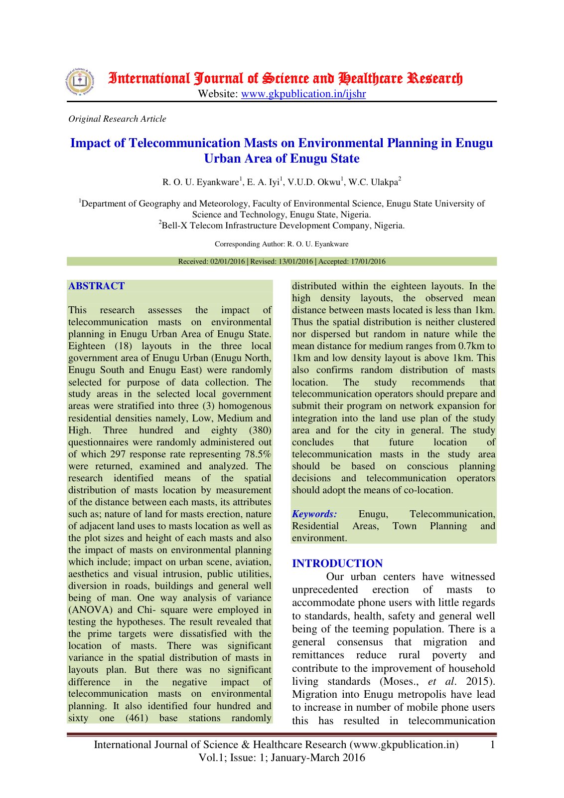 First page of Impact of Telecommunication Masts on Environmental Planning in Enugu Urban Area of Enugu State