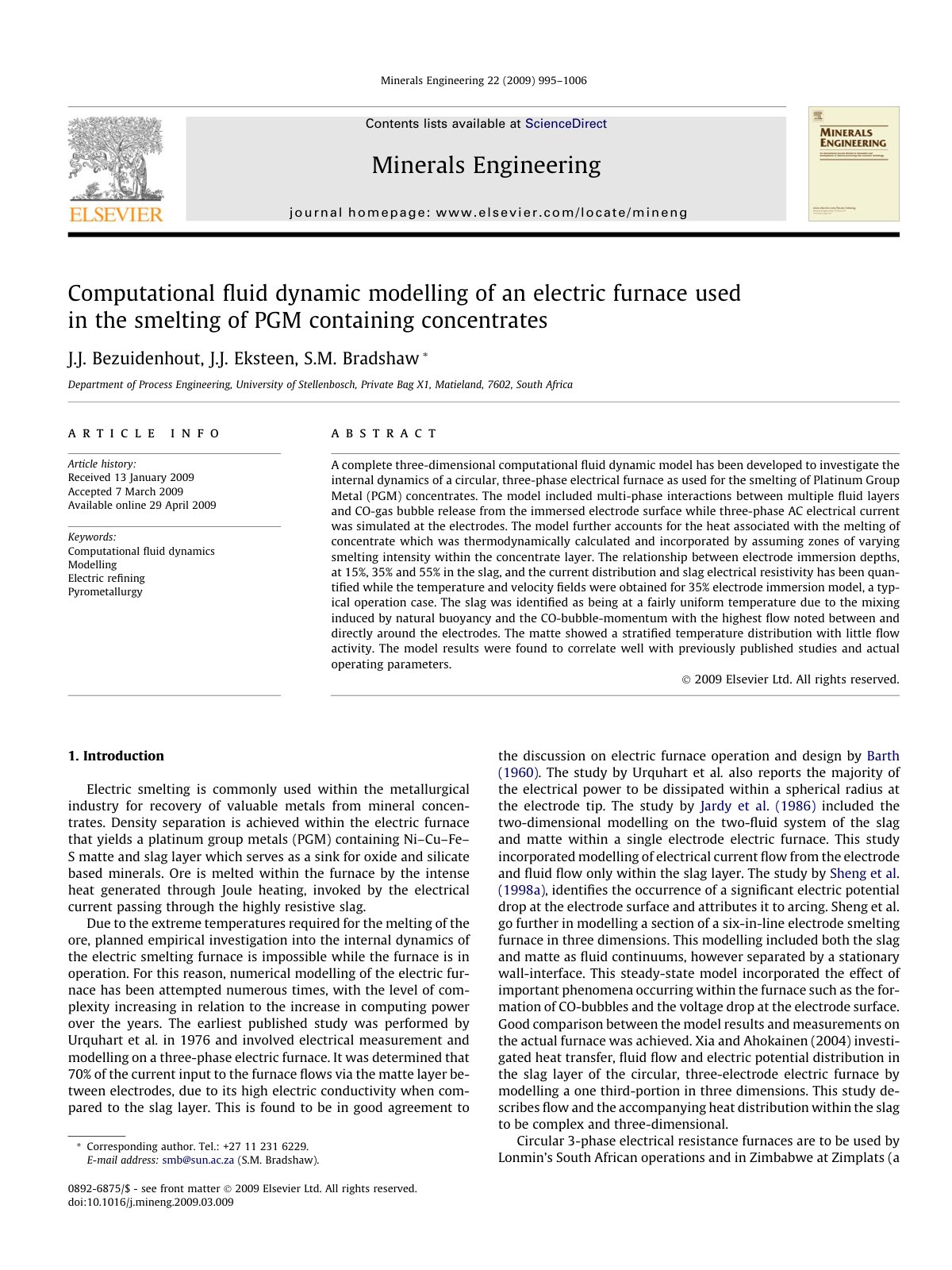 First page of Computational ﬂuid dynamic modelling of an electric furnace used in the smelting of PGM containing concentrates