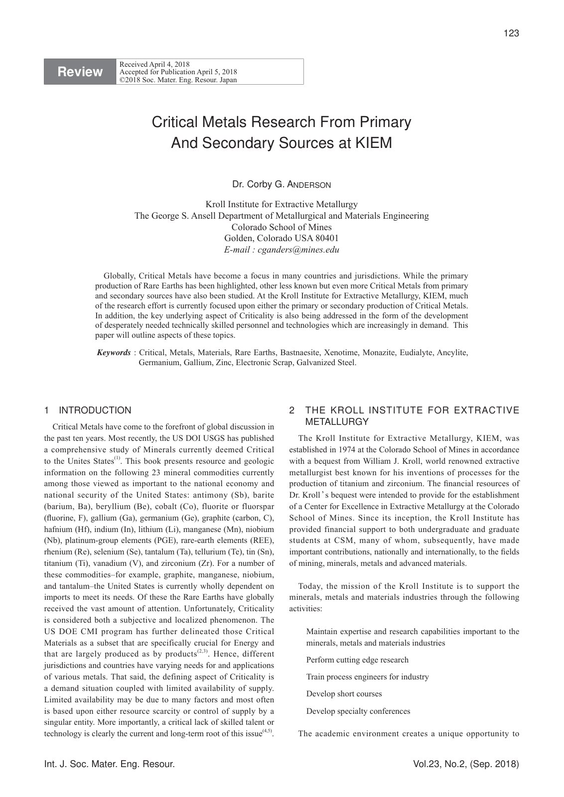 First page of Critical Metals: Resource and Geologic Information