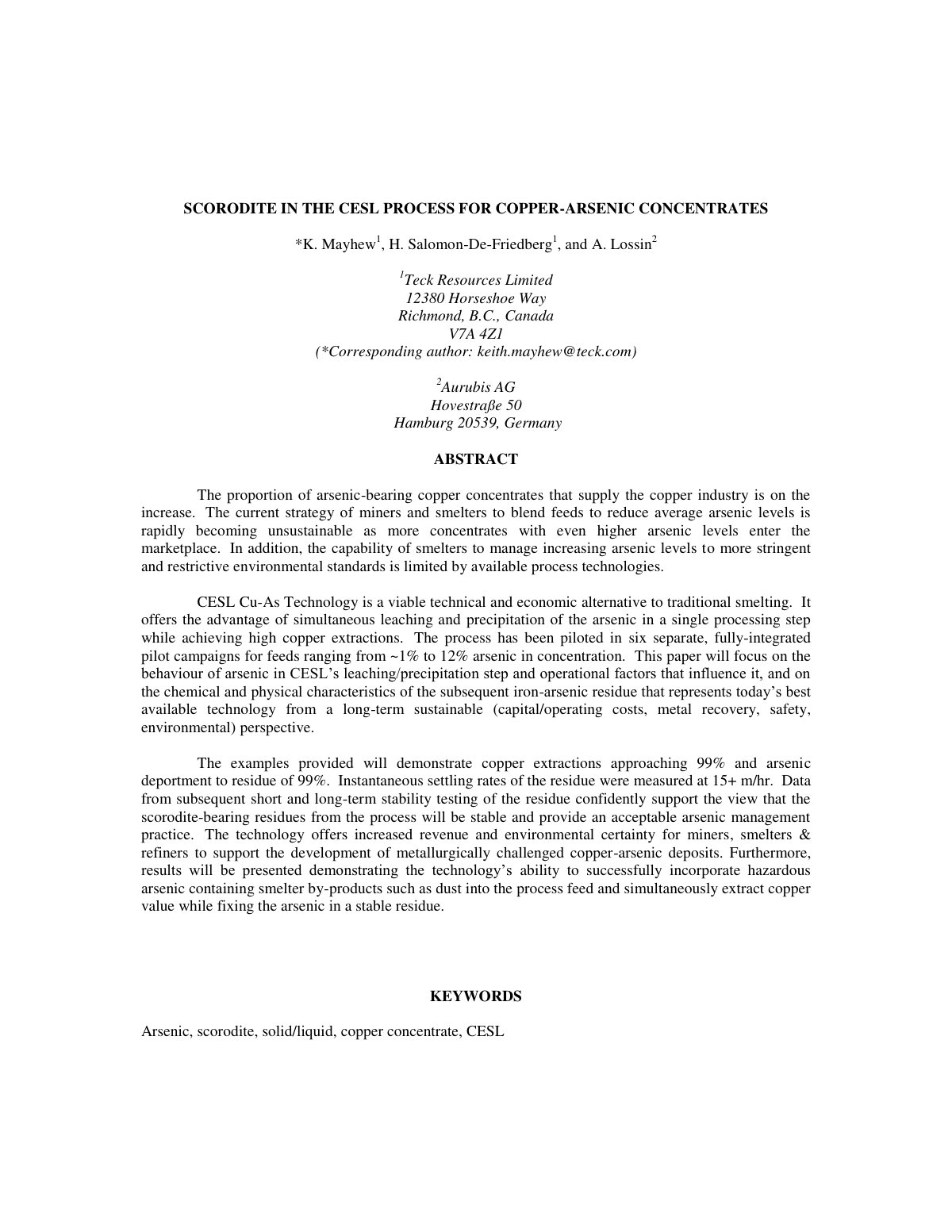 First page of SCORODITE IN THE CESL PROCESS FOR COPPER-ARSENIC CONCENTRATES