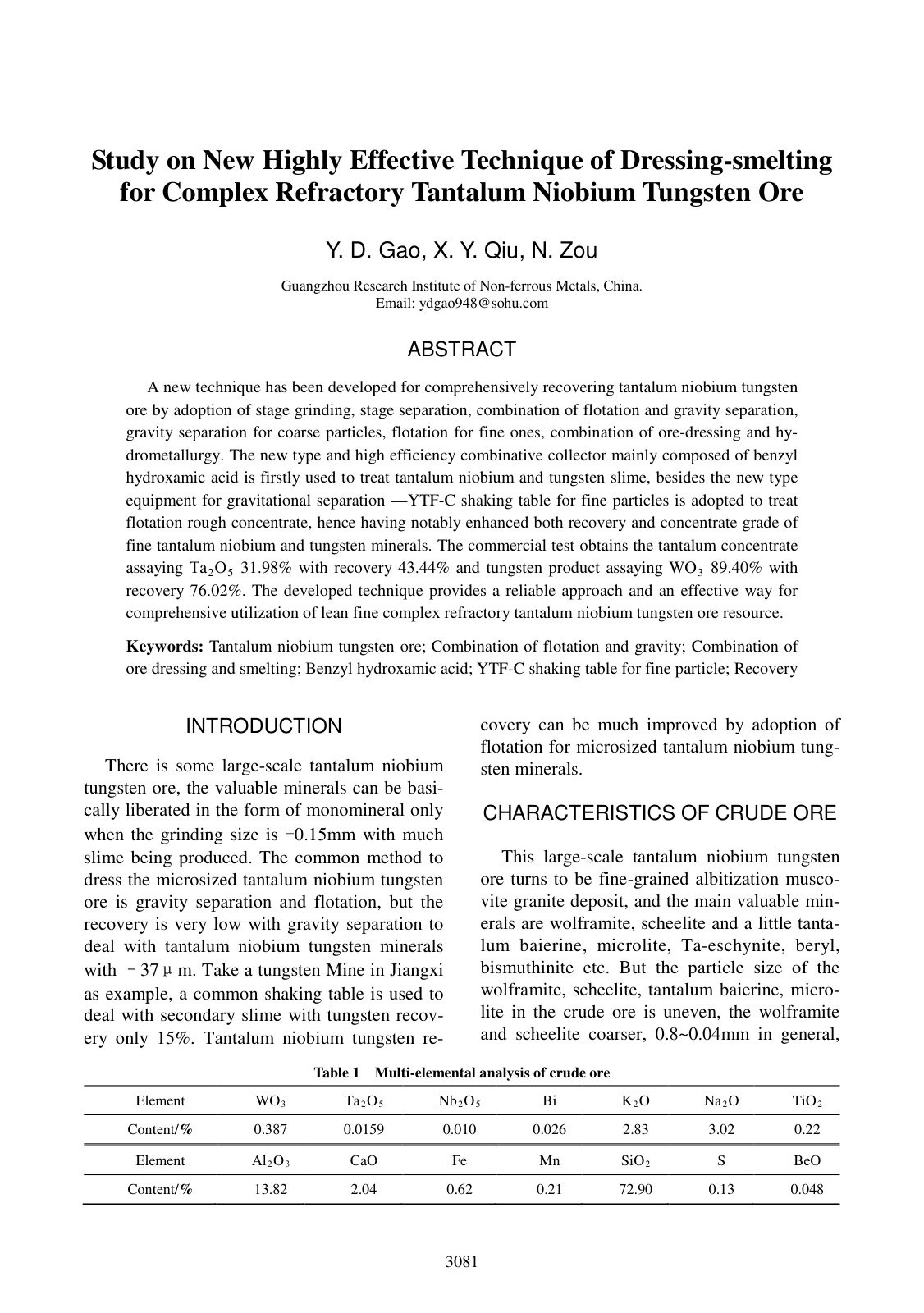 First page of Study on New Highly Effective Technique of Dressing-smelting for Complex Refractory Tantalum Niobium Tungsten Ore