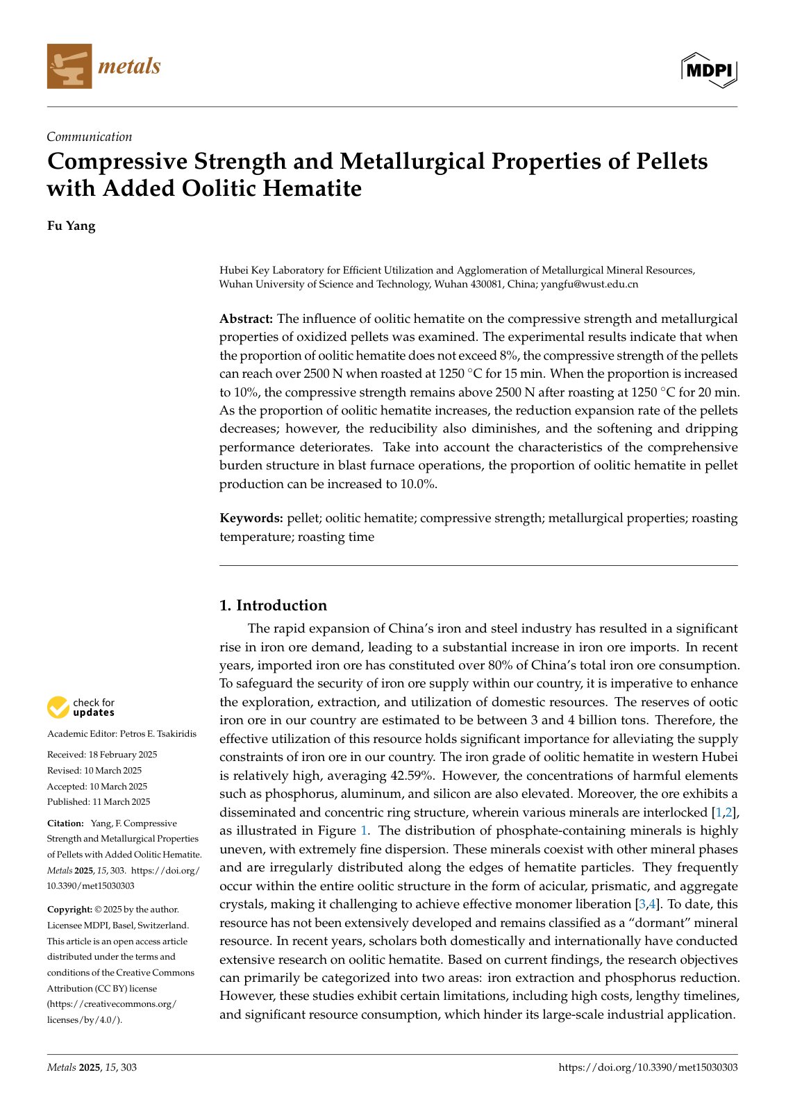 First page of 2025 Oolitic Hematite Pellets Roasting
