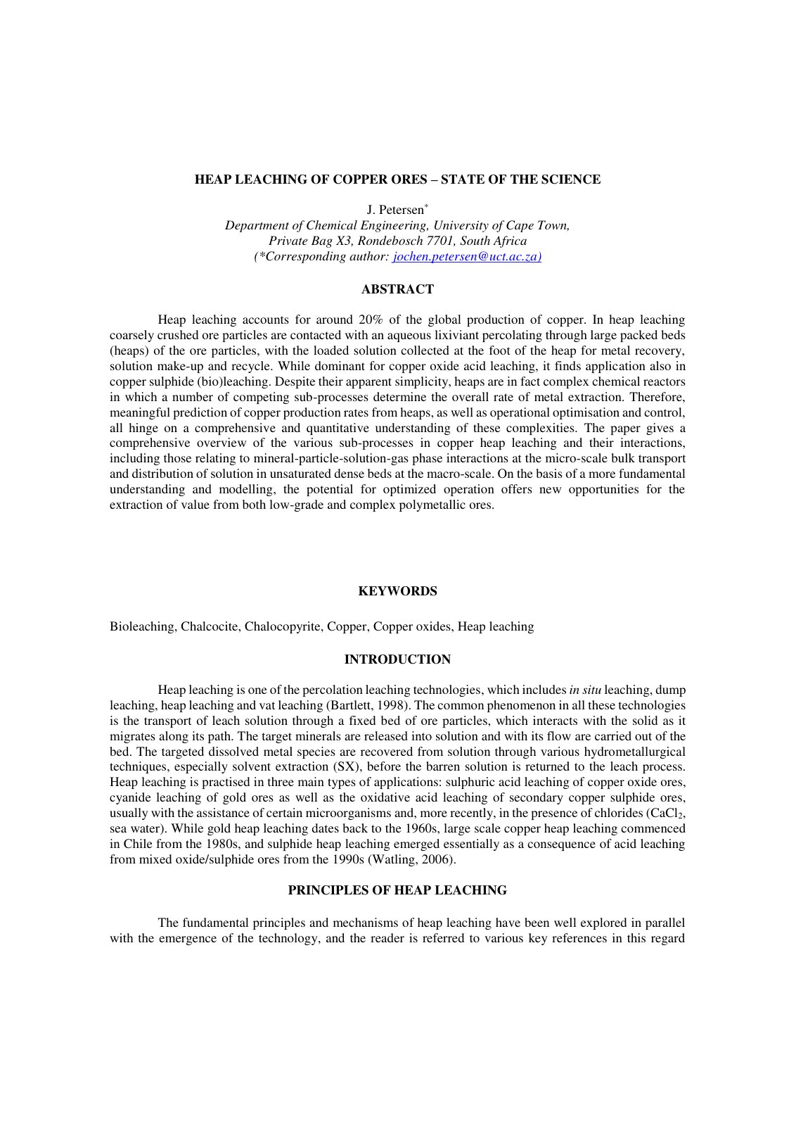 First page of Heap Leaching of Copper Ores – State of the Science