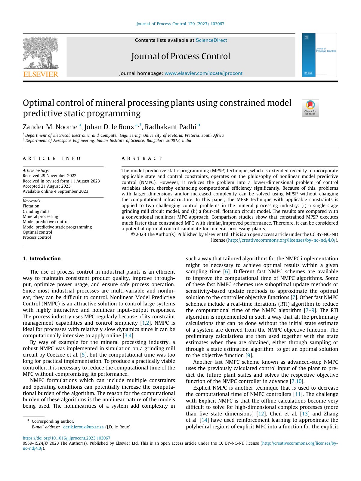 First page of Journal of Process Control 129 (2023) 103067