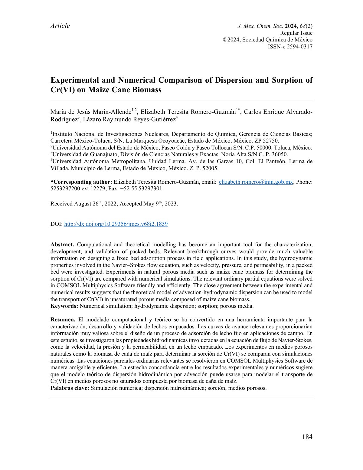 First page of Experimental and Numerical Comparison of Dispersion and Sorption of Cr(VI) on Maize Cane Biomass
