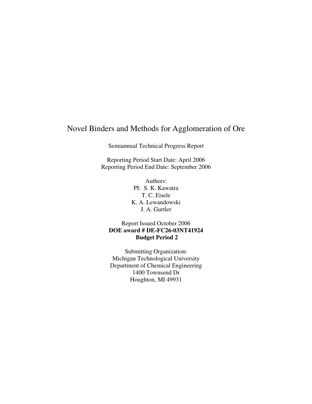 First page of Novel Binders and Methods for Agglomeration of Ore