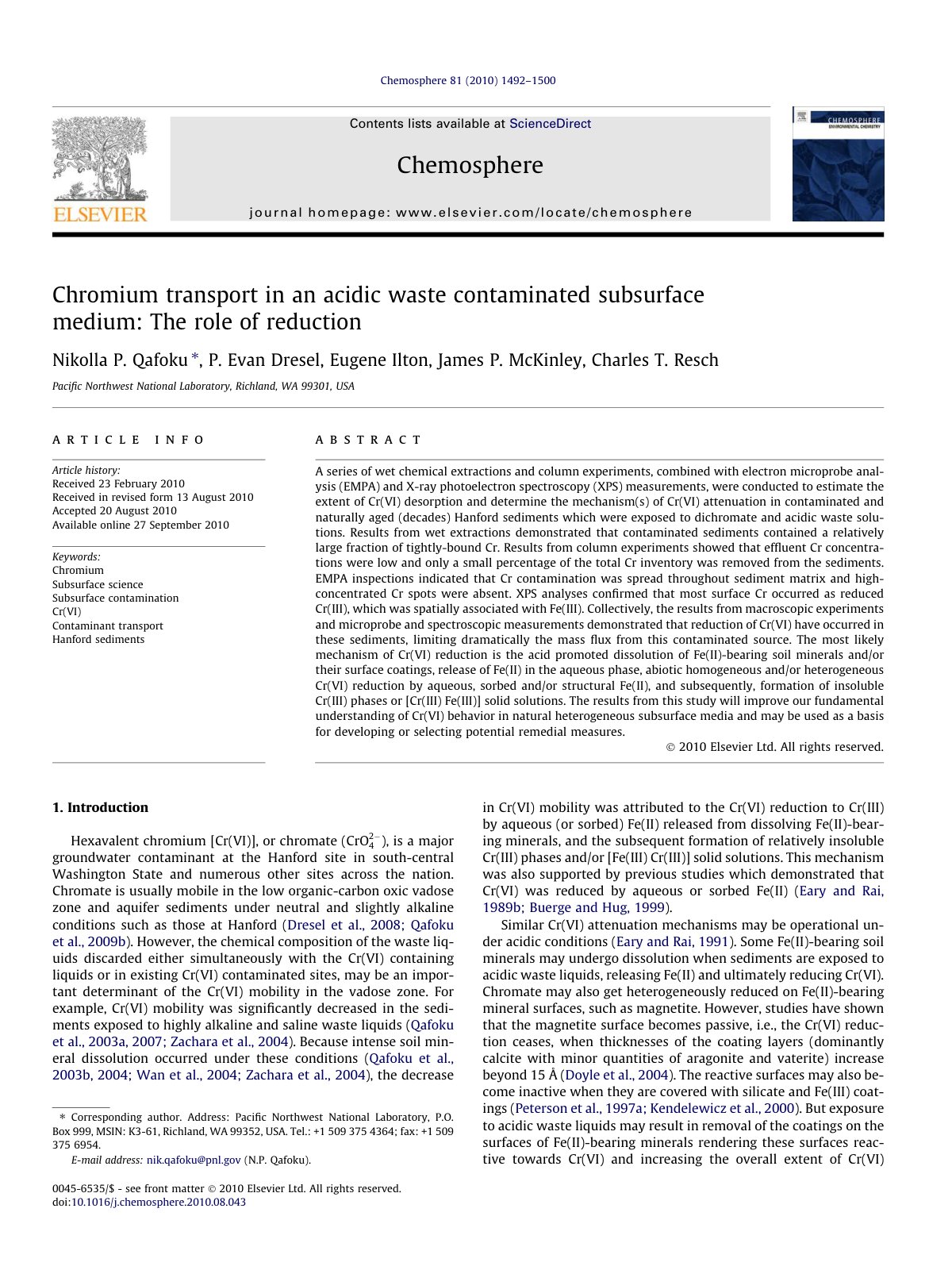 First page of Chromium transport in an acidic waste contaminated subsurface medium: The role of reduction