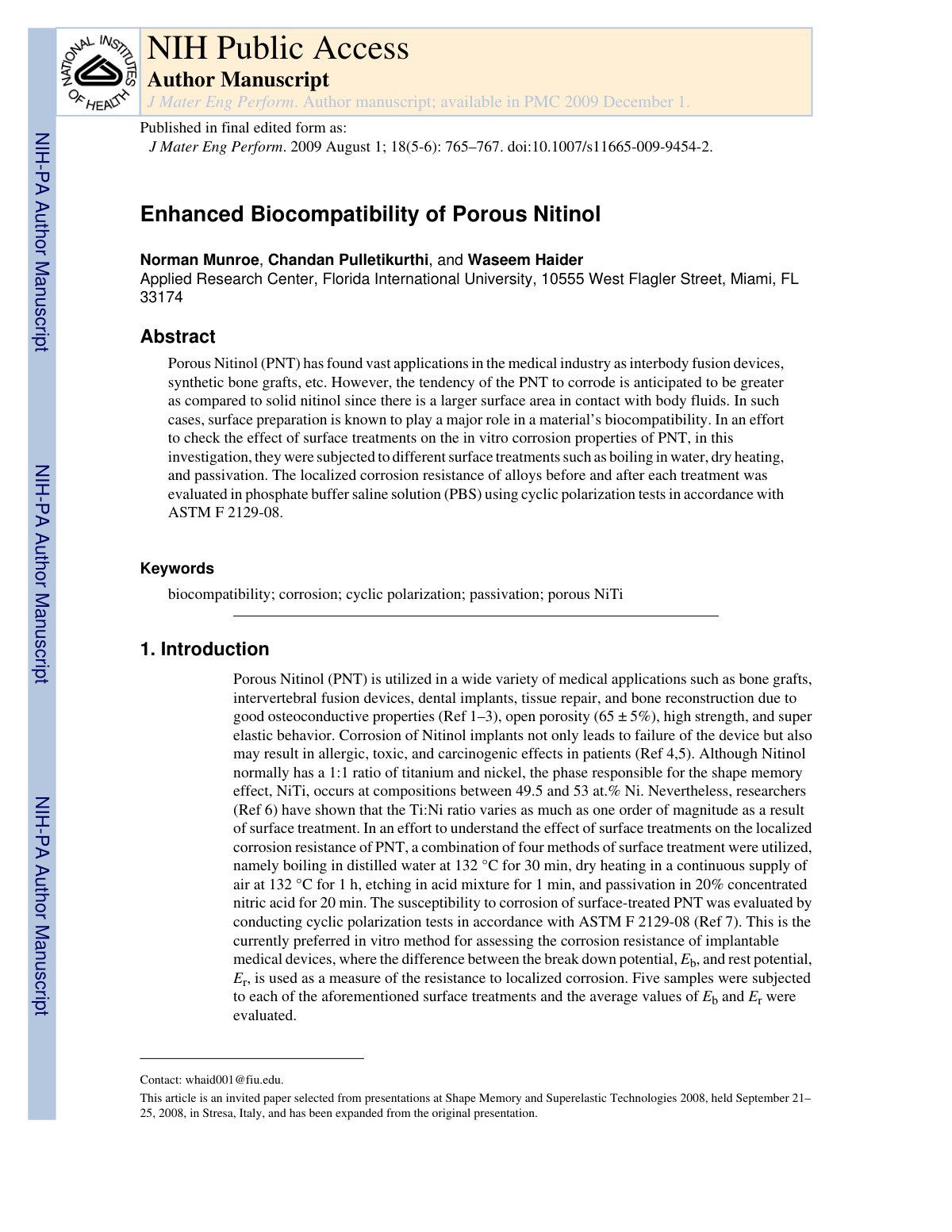 First page of Enhanced Biocompatibility of Porous Nitinol
