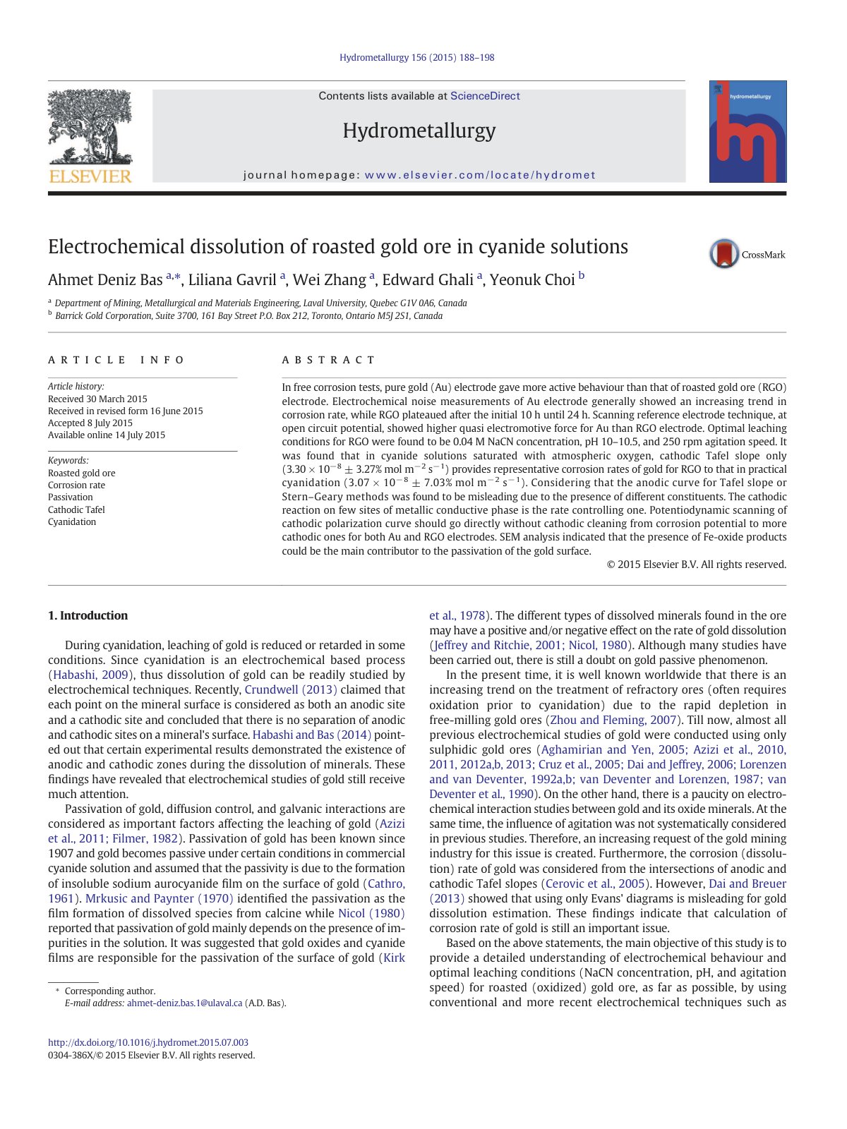 First page of Electrochemical dissolution of roasted gold ore in cyanide solutions
