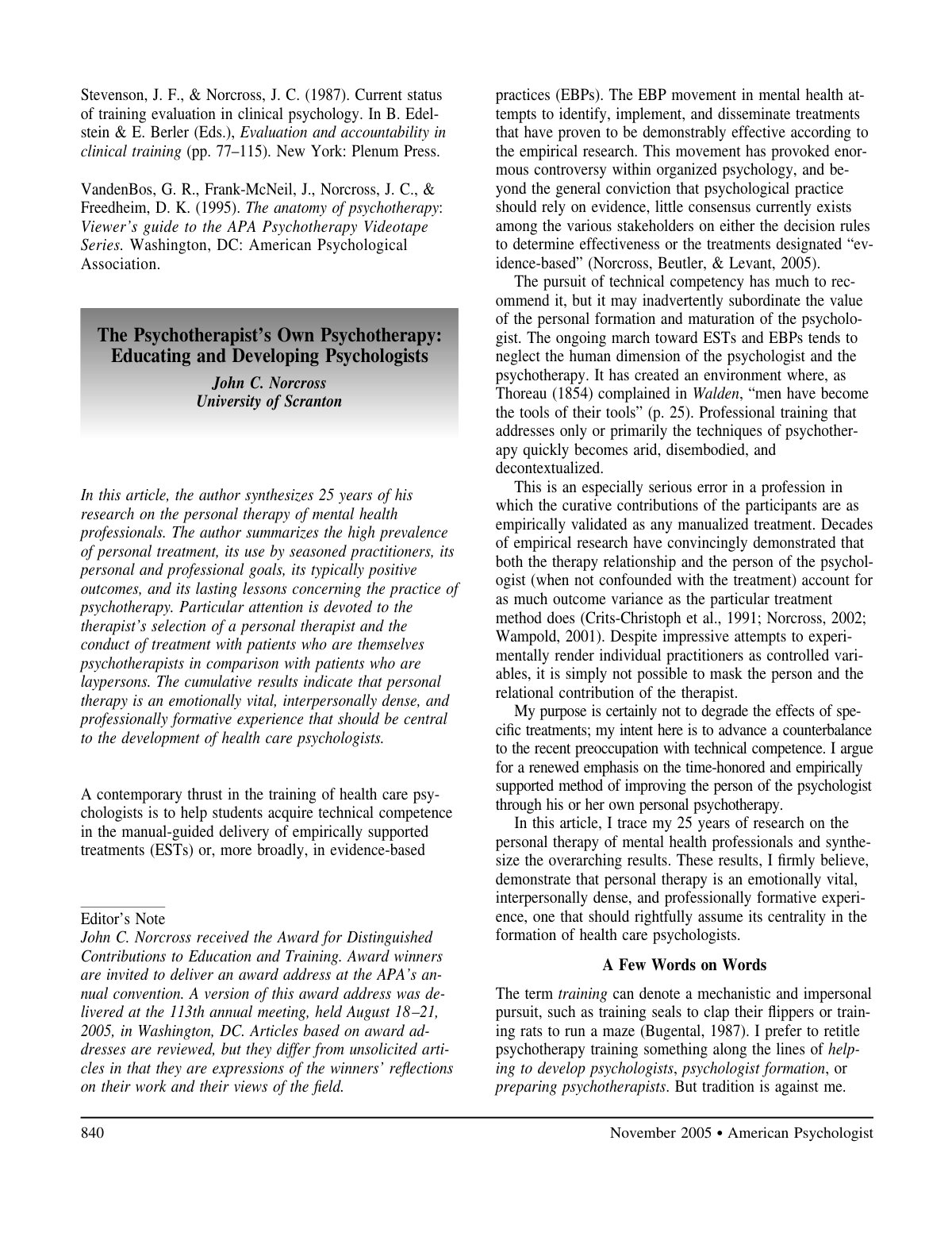 First page of The Psychotherapist’s Own Psychotherapy: Educating and Developing Psychologists