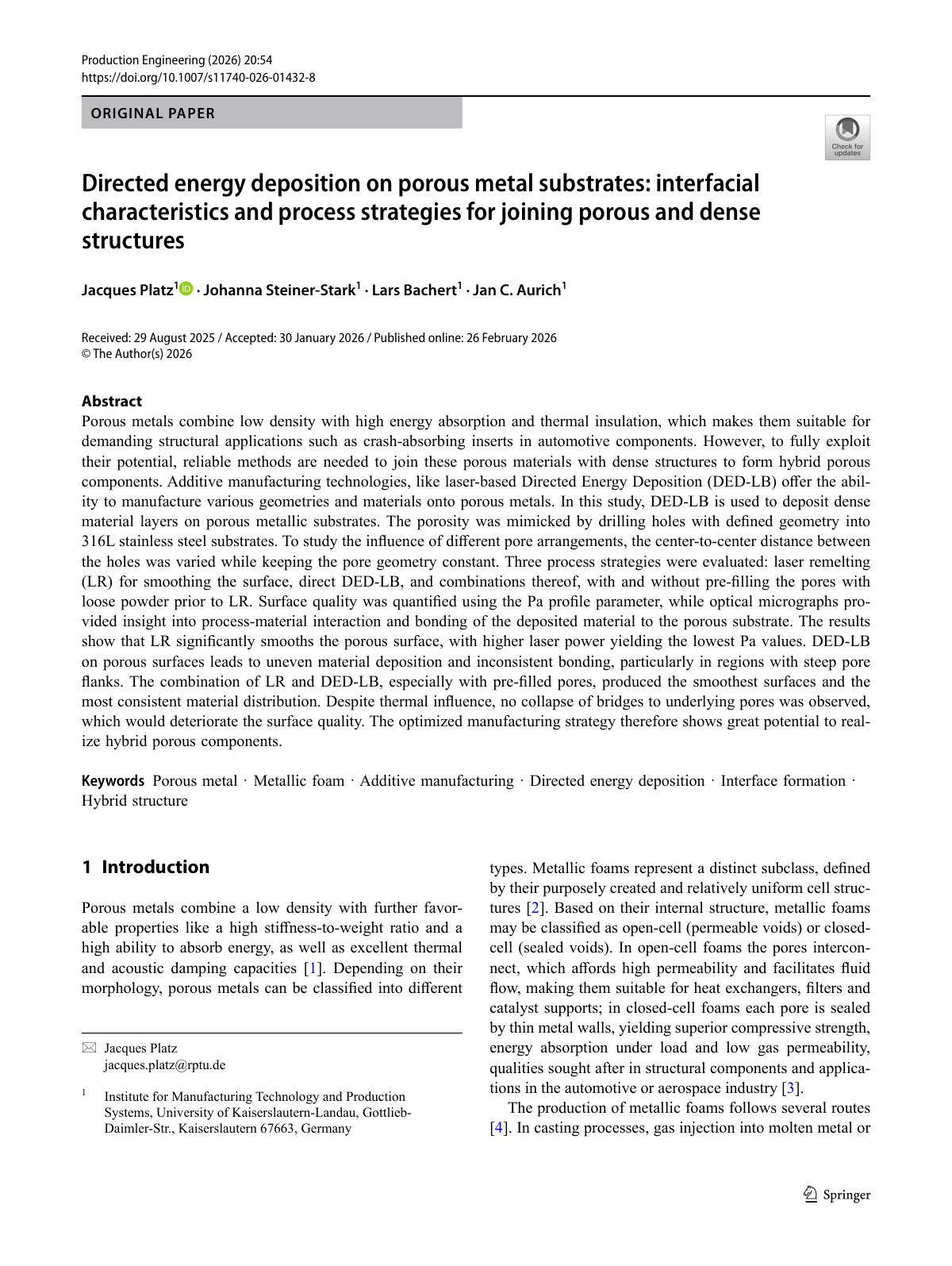First page of 2026 Platz DED Porous Metal 316L