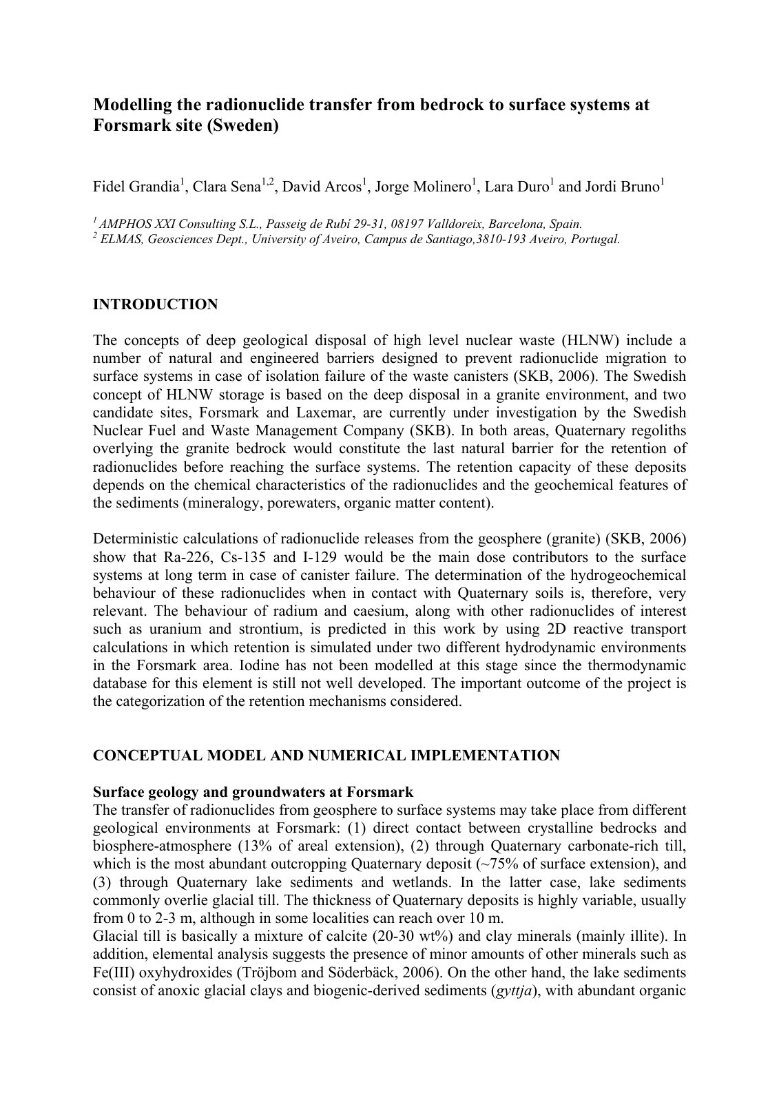 First page of Modelling the radionuclide transfer from bedrock to surface systems at Forsmark site (Sweden)
