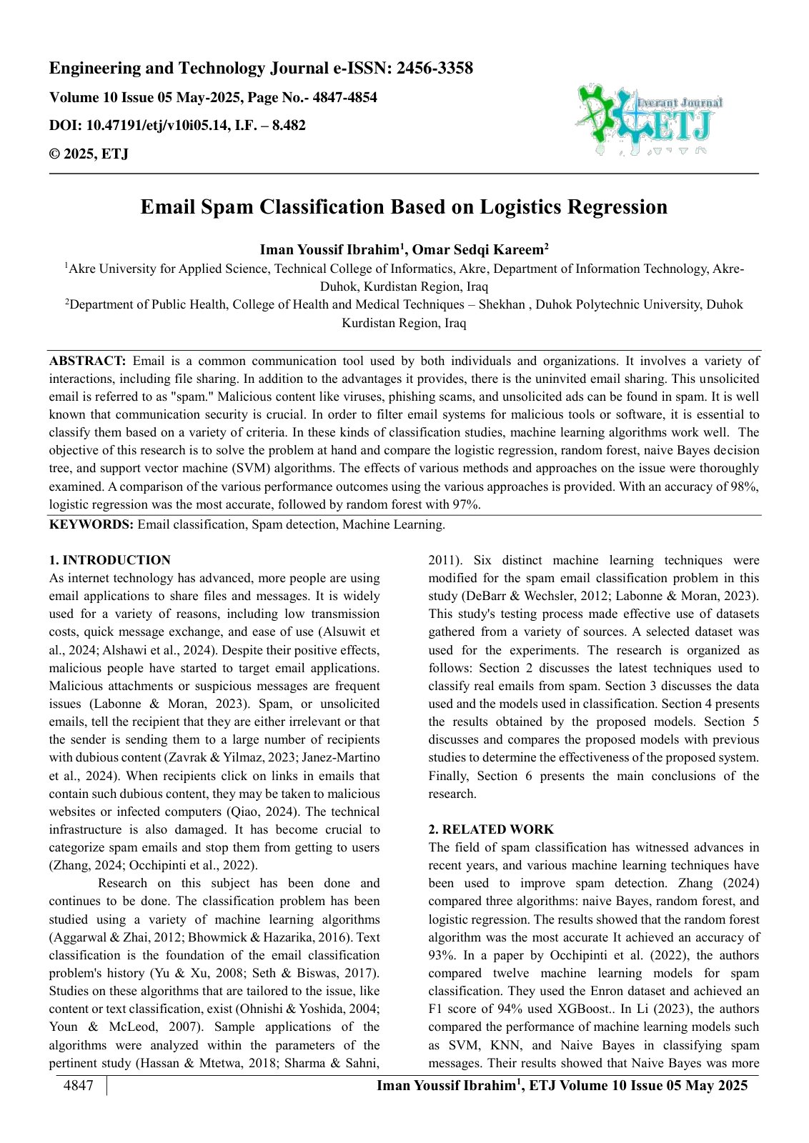 First page of Email Spam Classification Based on Logistics Regression  