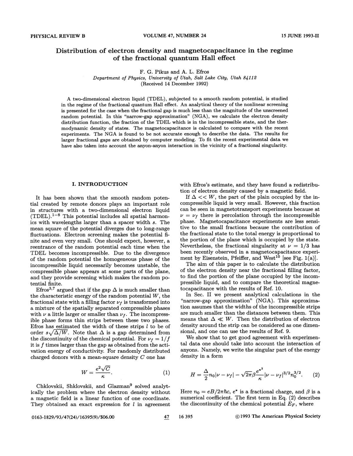 First page of Distribution of electron density and magnetocapacitance in the regime of the fractional quantum Hall effect