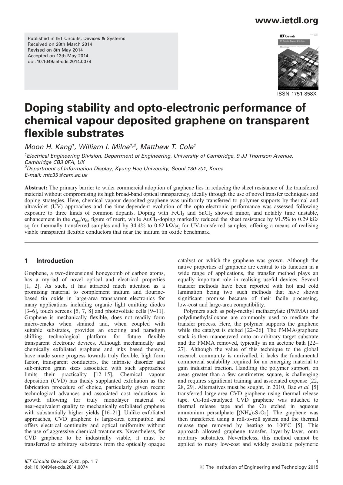 First page of Doping stability and opto-electronic performance of chemical vapour deposited graphene on transparent flexible substrates