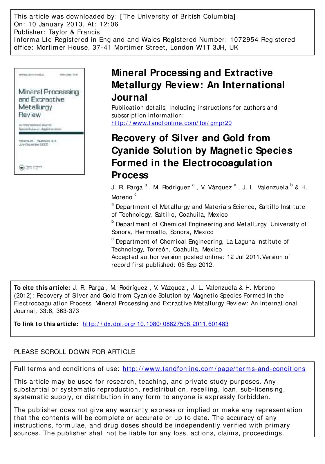 First page of Recovery of Silver and Gold from Cyanide Solution by Magnetic Species Formed in the Electrocoagulation Process