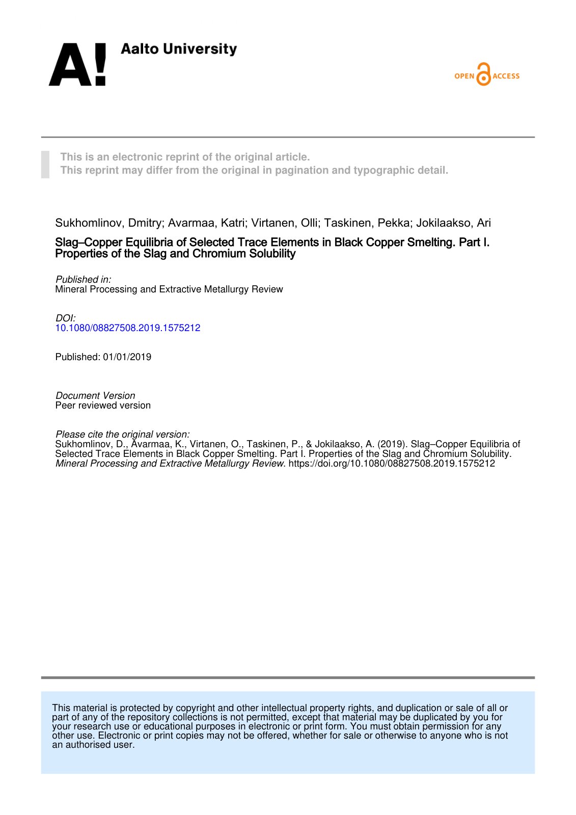 First page of Slag Copper Equilibria of Selected Trace